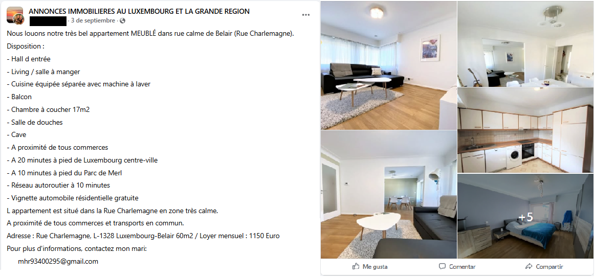 Figure 2: Facebook Rental Post - Suspicious Profile & Apartment Listing
